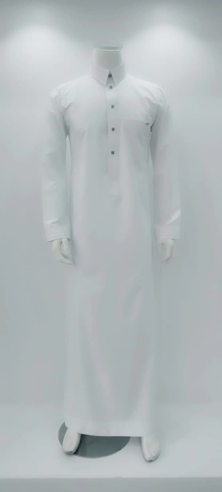 White thobe with square front buttons and chest-pocket detail